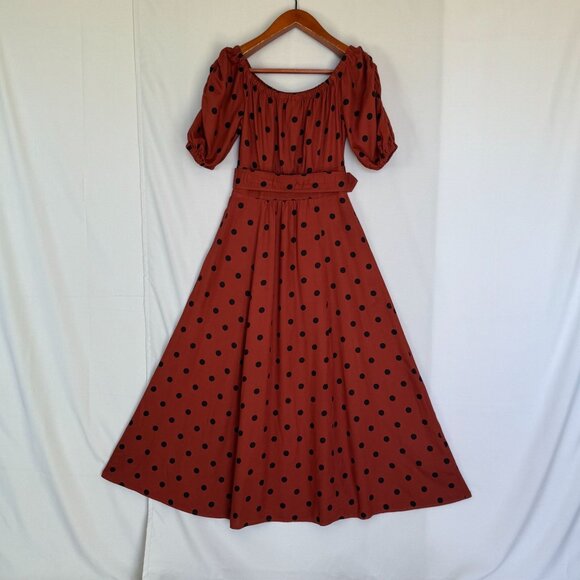 Anthropologie Maeve Lucienne Off-The-Shoulder Brown Polka Dot Maxi Dress Size 6 - Picture 6 of 16